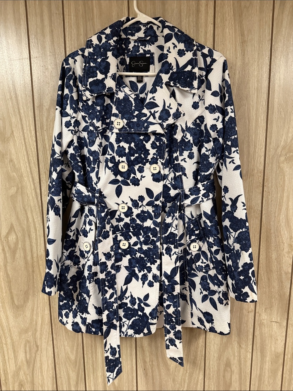 Jessica Simpson Navy & White Floral Trench Coat